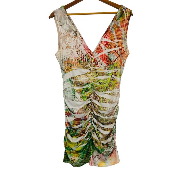 Vtg Body Central Sheath Dress Sz Small? Bodycon Multicolor Multipattern Ruched - Picture 3 of 9